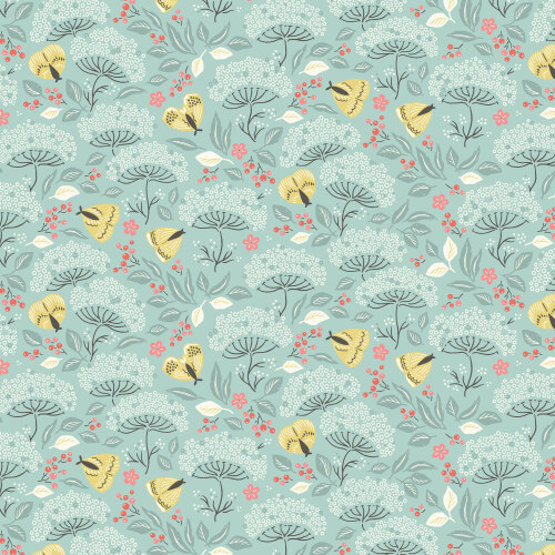 Moth Haven from Cottage Garden in Turquoise/Gold by Kimberly Morgan for Cloud9 Fabrics (Avail Apr)