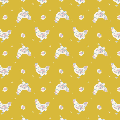 Happy Hens from Happy Homestead in Gold by Samantha Johnson for Cloud9 Fabrics (Avail May)