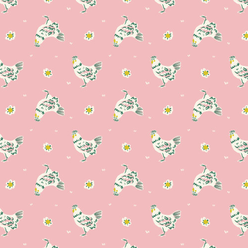 Happy Hens from Happy Homestead in Pink by Samantha Johnson for Cloud9 Fabrics (Avail May)